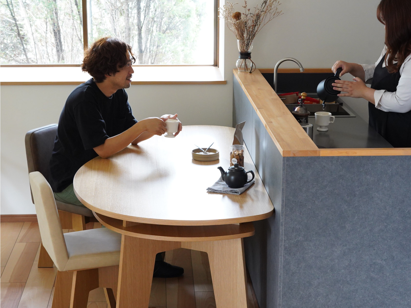 やさしい暮らし-SHUNO（シュノ）収納付き 変形ダイニングテーブル150 キッチン付け