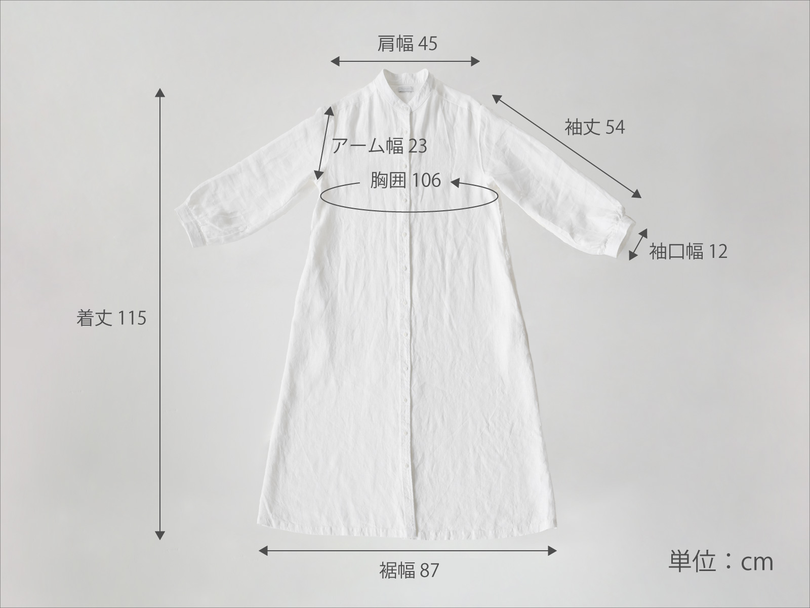 ■キナル別注■ fog linen work（フォグリネンワーク） バンドカラーシャツワンピース ホワイト［ZKINARU407-19］サイズガイド
