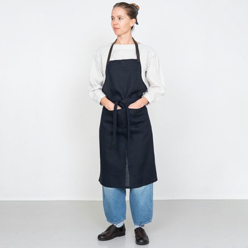 麻カフェエプロン（ターコイズブルー）